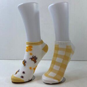 Womens Ankle Socks Set 2 Bee Print Gingham Yellow White Brown